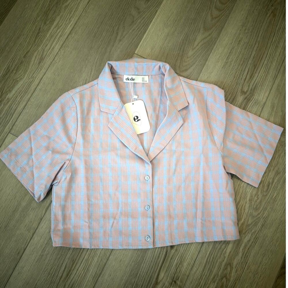 Elodie Revolve Casual Cropped Purple Plaid Short Sleeve Button Front NWT XS